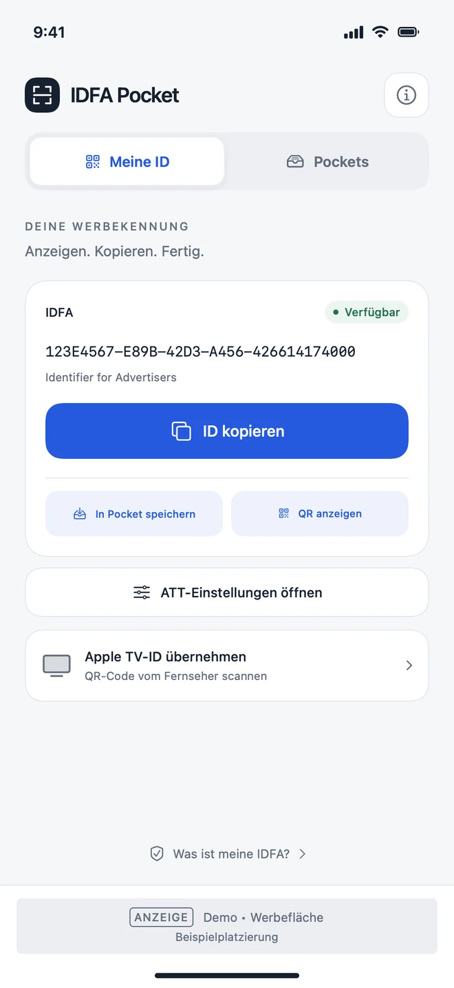 IDFA Pocket auf dem iPhone: eigene fiktive IDFA anzeigen, kopieren, speichern oder als QR-Code zeigen.