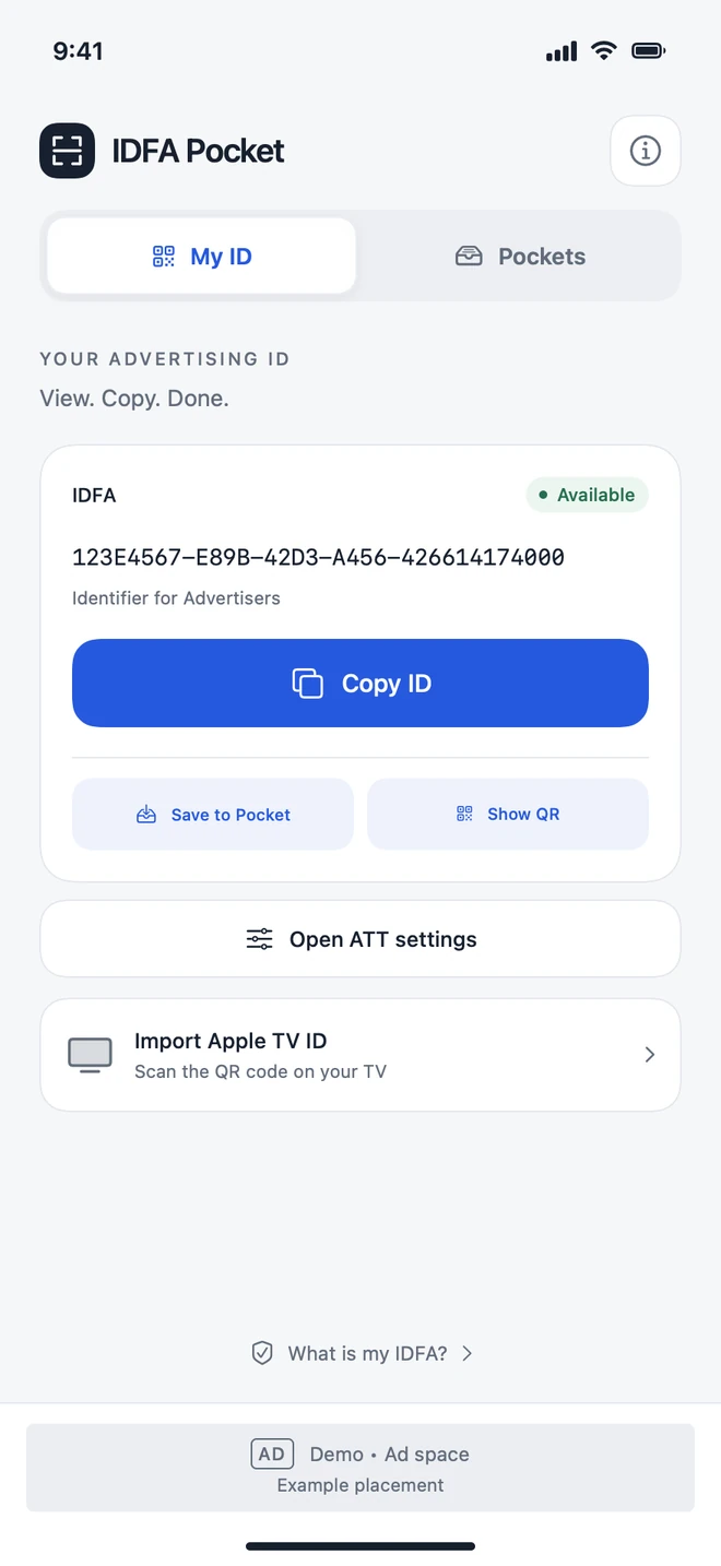 IDFA Pocket on iPhone showing a fictional advertising ID, with options to copy, save or show a QR code.