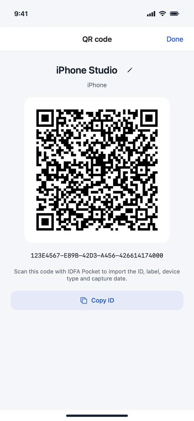 A QR code for a fictional ID with a device name in the iPhone app.