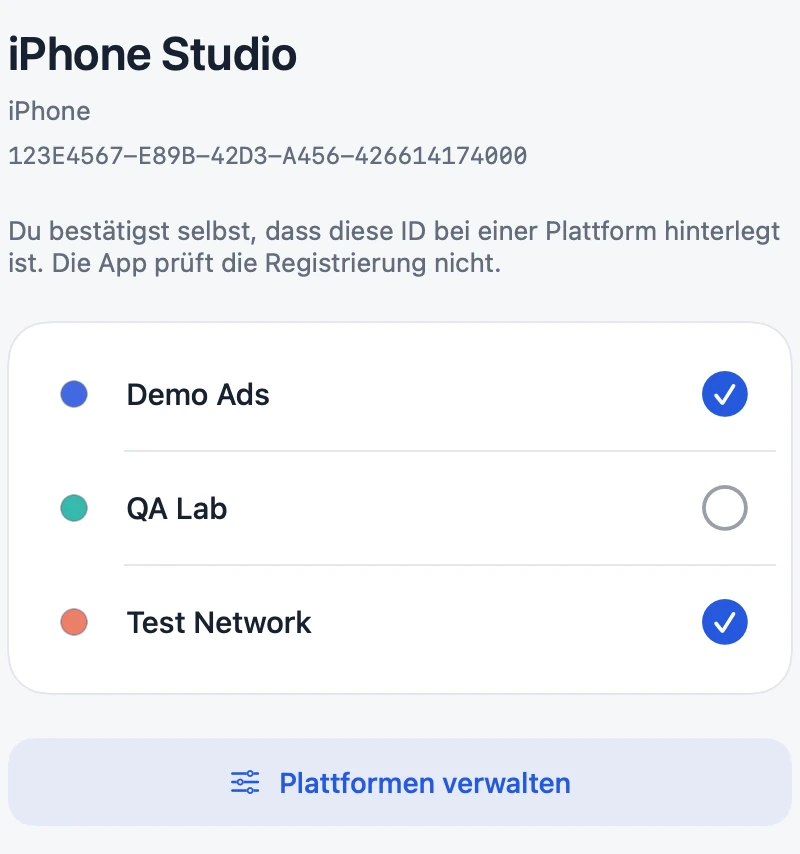 Plattform-Checkliste der iPhone-App mit fiktiven Plattformen Demo Ads, QA Lab und Test Network.