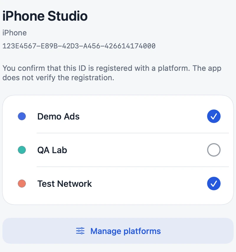 The iPhone platform checklist with fictional platforms Demo Ads, QA Lab and Test Network.
