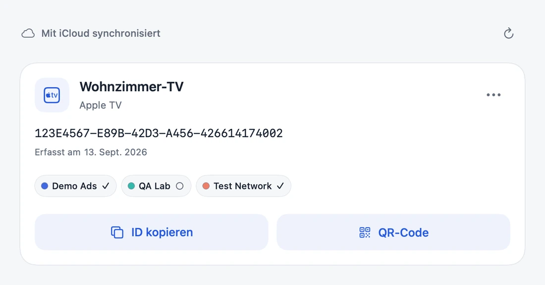 Die iPad-Sammlung enthält Wohnzimmer-TV mit derselben fiktiven IDFA, Plattformfarben und Markierungen.