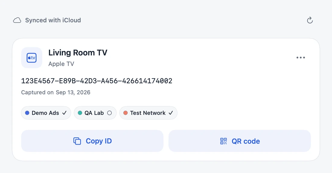 The iPad collection contains Living Room TV with the same fictional IDFA, platform colours and checkmarks.