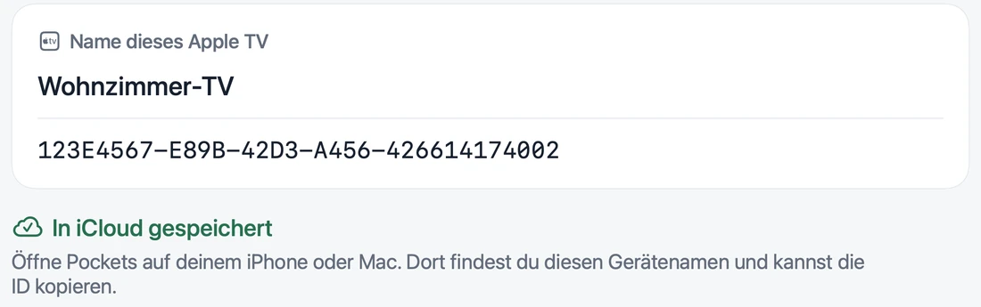 Apple TV bestätigt das Speichern von Wohnzimmer-TV mit der fiktiven IDFA 123E4567-E89B-42D3-A456-426614174002 in iCloud.