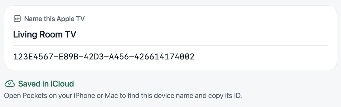 Apple TV confirms saving Living Room TV with fictional IDFA 123E4567-E89B-42D3-A456-426614174002 to iCloud.